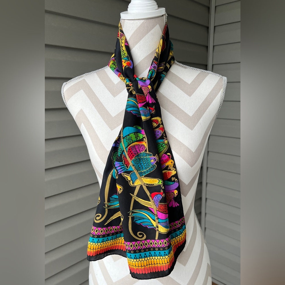 Vintage Scarf Laurel Burch Colorful Birds 11" x 52" Signed - Picture 1 of 7
